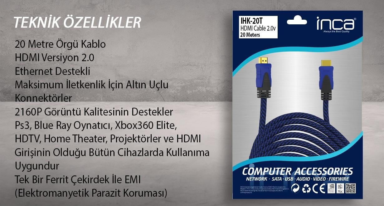 INCA IHK-20T 20 Mt 2.0V 4K& 2K & FULL HD HDMI Kablo