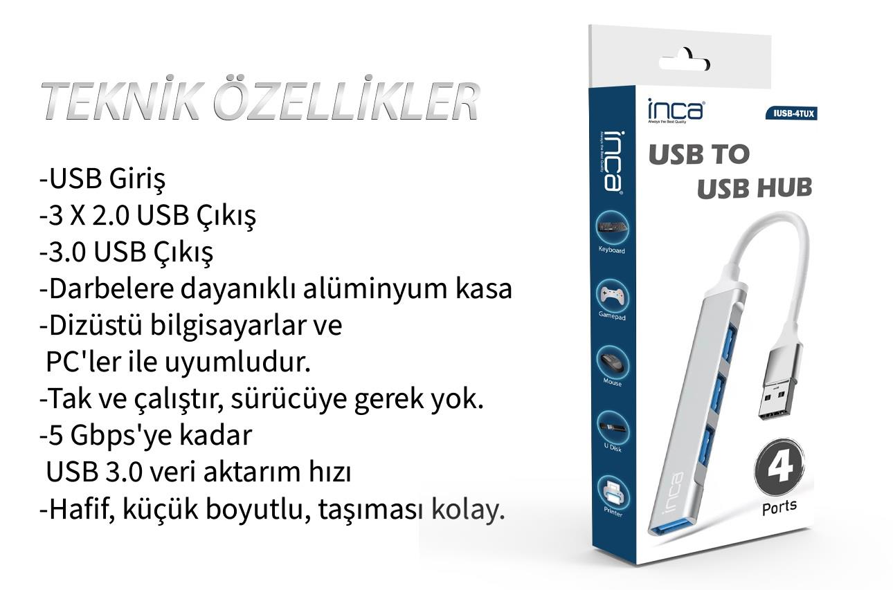 INCA IUSB-4TUX 4 Port 3xUSB 2.0+1xUSB 3.0 USB Çoklayıcı