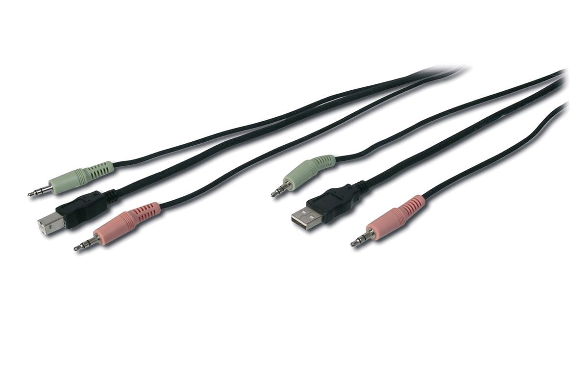 KVM Switch için Ses + USB Kablo Seti, 2 x 3,5 mm Erkek; USB A Erkek <-> 2 x 3,5 mm Erkek; USB B Erkek, siyah renk, 1,80 metre