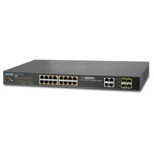 L2+ Yönetilebilir Switch (L2+ Managed Switch)<br>
16-Port 10/100/1000Base-T IEEE 802.3 at/af PoE+ Injector (Port başına 30.8 watt) (PoE Güç Bütçesi maks. 230 watt)<br>
4-Port 10/100/1000Mbps TP ve SFP (Port-17 ile Port-20 arası paylaşımlı