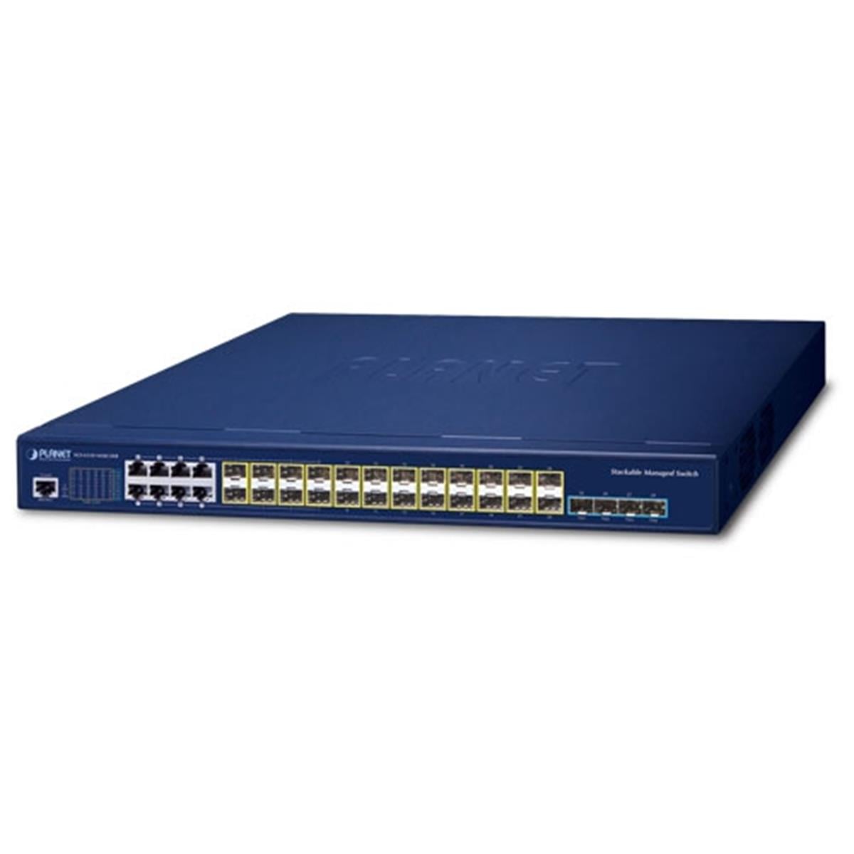 Layer 3 Stackable Switch (Layer 3 Stackable Switch)<br>
24 x 100/1000X SFP yuva<br>
8 x 10/100/1000T combo port<br>
4 x 1G/10G SFP+ yuva<br>
1 x Konsol port<br>
Çift Güç Kaynağı (100~240V AC)