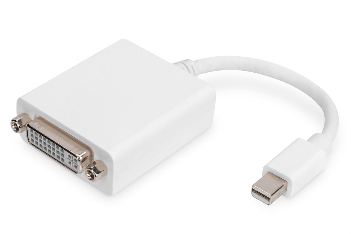Mini DisplayPort (DP) <-> DVI-I Adaptörü, Kablolu, mini DP Erkek <->- DVI-I (24+5) Dişi, 0.15 metre, DP 1.1a uyumlu, DP 1.2 uyumlu, 2x zırhlı, UL, CE, nikel kaplama, beyaz renk