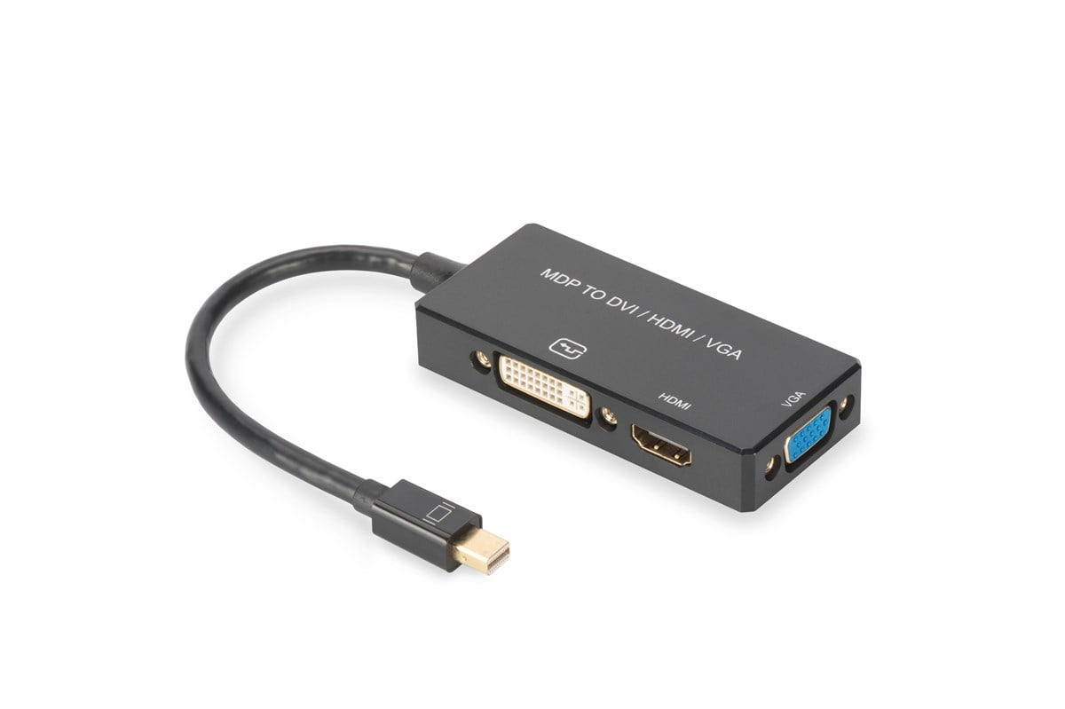 Mini DisplayPort (DP) <-> HDMI / DVI Dişi / VGA Çeviricisi, Kablolu, 0.20 metre, mini DP Erkek <-> HDMI Dişi + DVI Dişi + VGA Dişi, Siyah renk, altın kaplama
