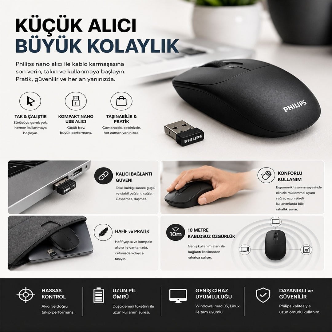 Philips SPK7398B/38 1600 DPI Sessiz Tıklama Siyah Kablosuz Ofis Mouse