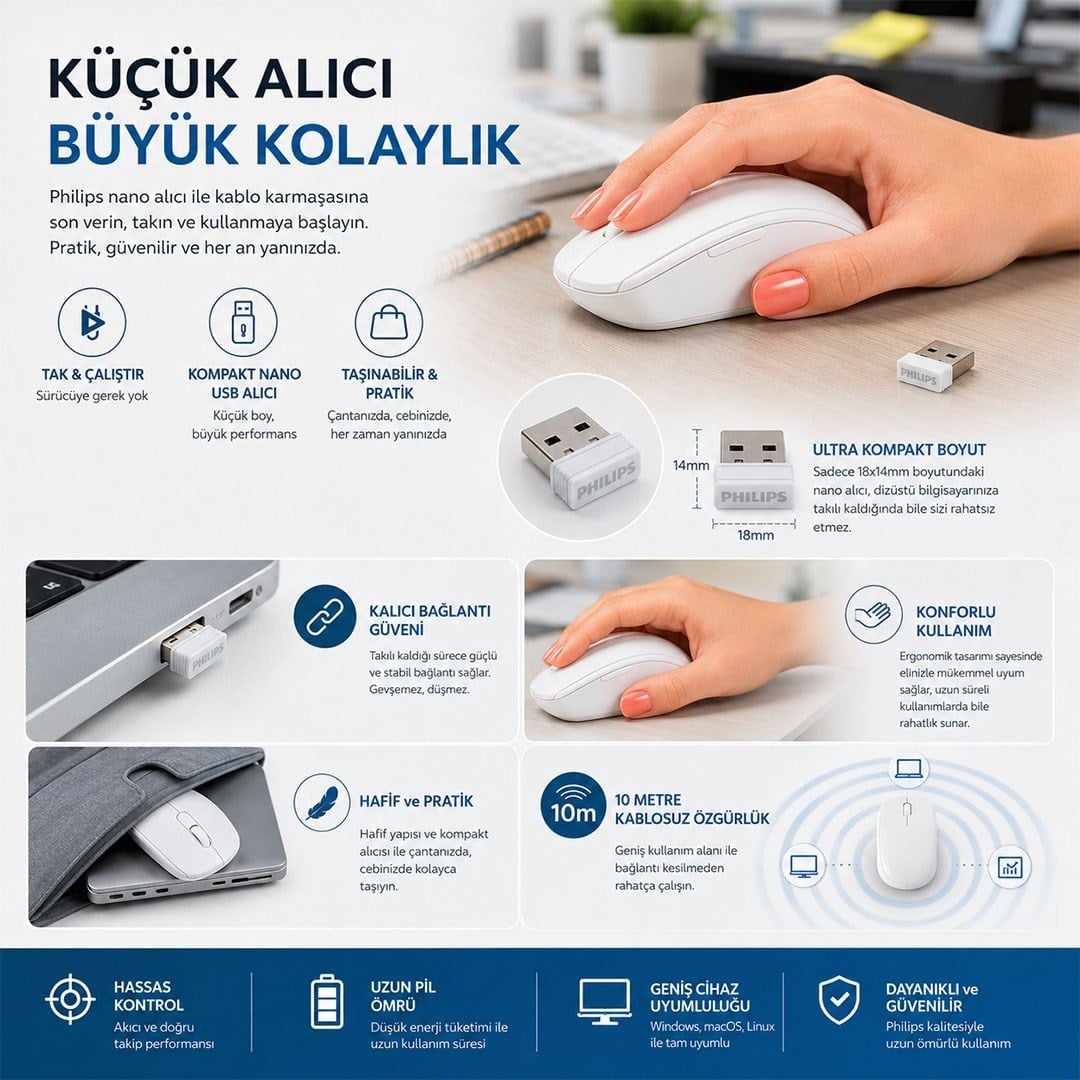 Philips SPK7398W/38 1600 DPI Sessiz Tıklama Beyaz Kablosuz Ofis Mouse