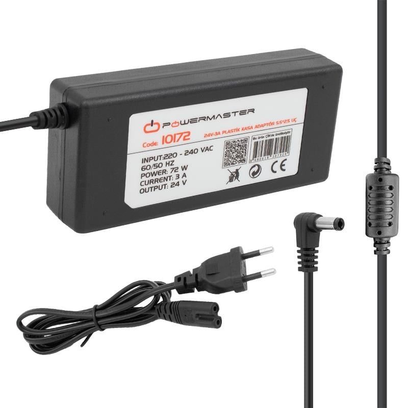 Powermaster PM-10172 24 Volt - 3 Amper - 72 Watt 5.5*2.5 Mm L Uçlu Plastik Kasa Masaüstü Adaptör