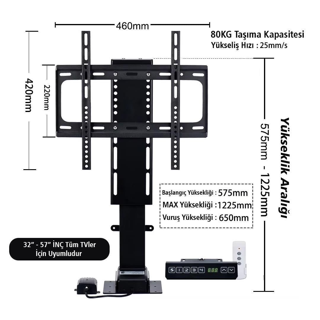PowerMaster PM-24928 32'' - 57'' İnç Ayarlanabilir Yükseklik Uzaktan Kumandalı TV Kaldırma Lift Asansörü