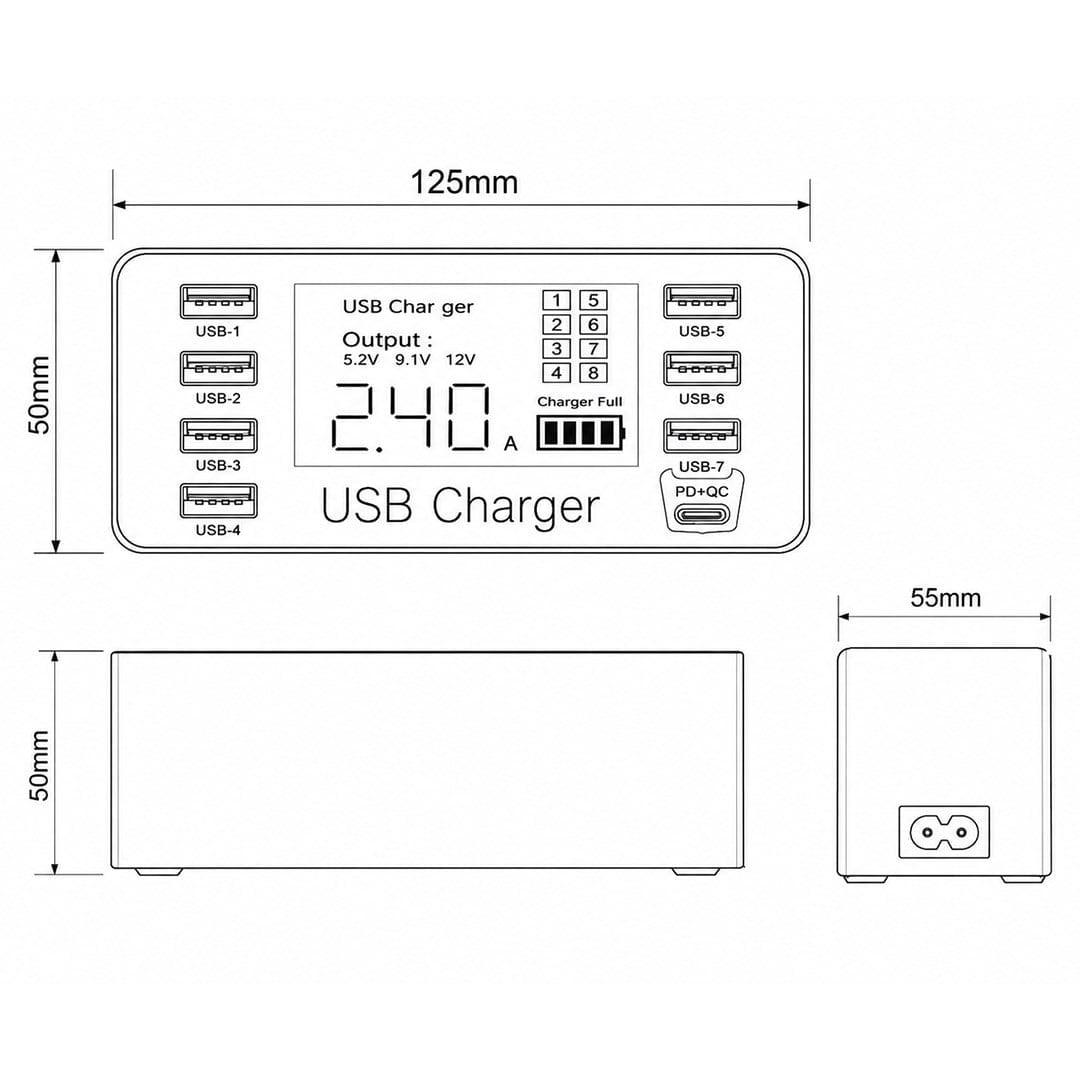Powermaster PM-26057 8 Portlu LCD Ekranlı Akıllı USB ve Type-C PD Şarj İstasyonu