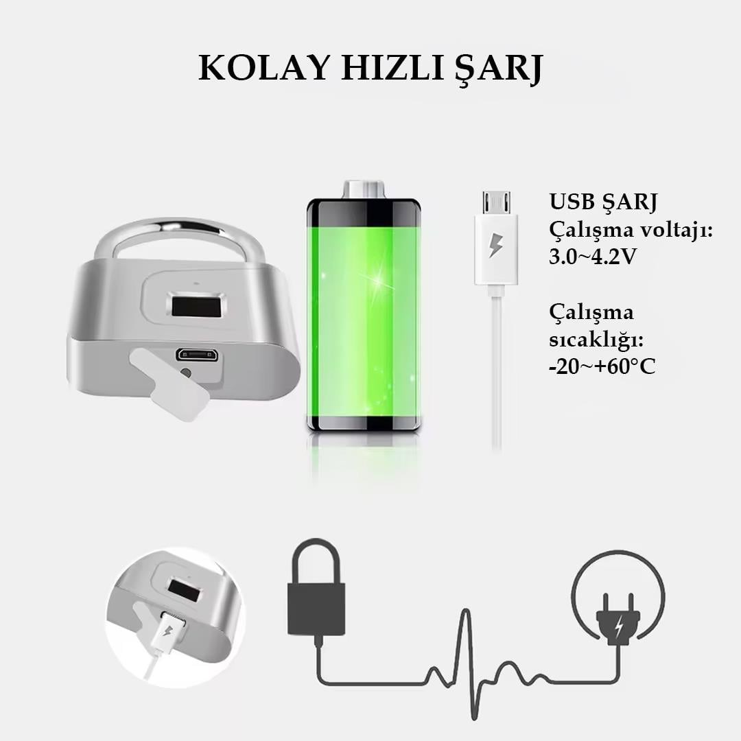 Powermaster PM-26729 Anahtarsız Şarjlı Parmak İzi Güvenlik Kilidi Asma Kilit