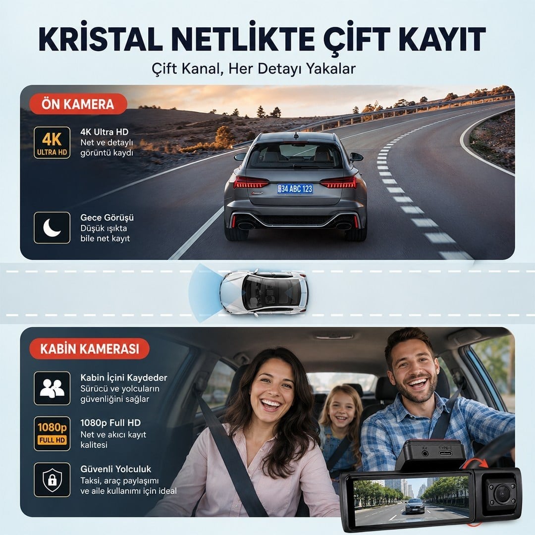 Powermaster PM-37888 4K Mini Dash Çift Lensli Araç Yol Kabin İçi Kayıt Kamerası