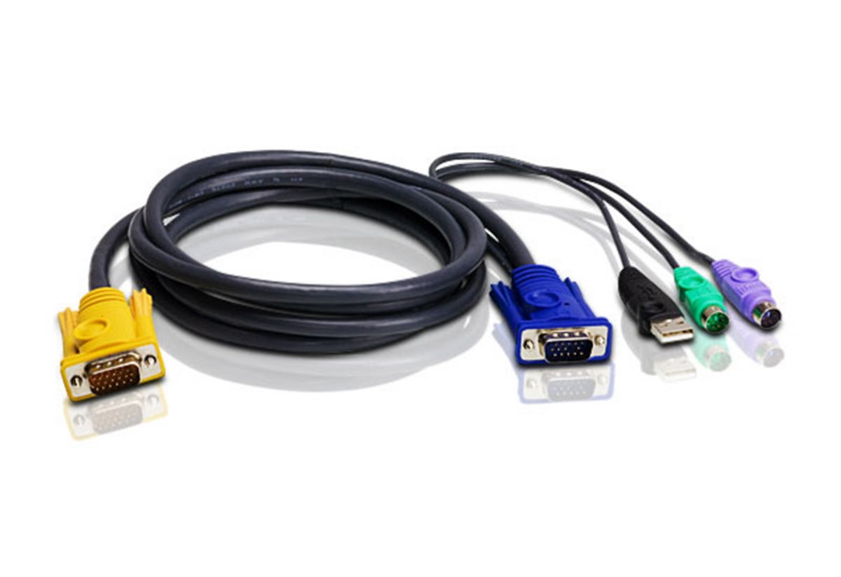 PS/2-USB KVM (Keyboard/Video Monitor/Mouse) Switch İçin Kablo, 1.80 metre, 1 x SPHD-15 Erkek <-> 1 x Monitör 15 pin HDB erkek, 1 x Klavye 6 pin mini-DIN erkek, 1 x Mouse 6 pin mini-DIN erkek, 1 x Klavye / Mouse USB A erkek 