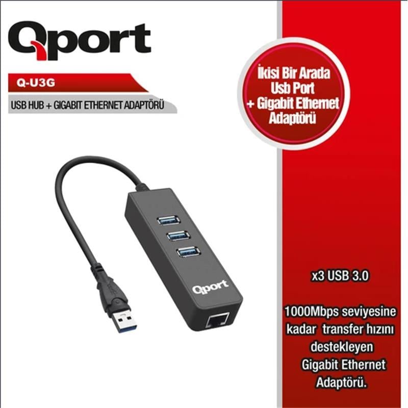 QPORT Q-U3G 3PORT USB3.0 ÇOKLAYICI - GIGABIT ETHERNET ADAPTOR