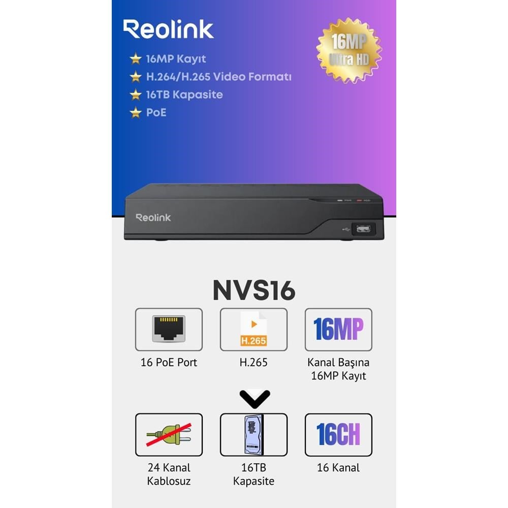 Reolink NVS16-410 16Kanal 16xPoE NVR 4TB HDD dahil