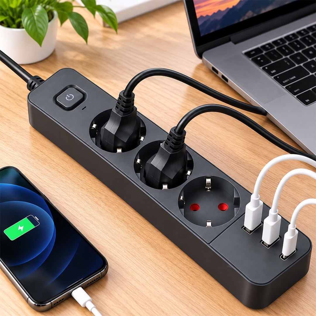 S-Link SPG03U 2 Usb + 1 Type C 5V2.4A 3X1.0mm Bakır 1.5M Kablo 750 Joule 3'lü Anahtarlı Siyah Akım Korumalı Priz