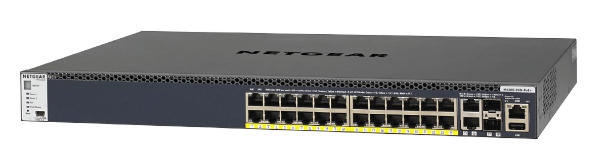 Stackable Managed Switch (M4300-28G-PoE+ 1000W PSU)<br>
24 x 1G PoE+ (PoE Budget @ 110V AC in: 1 PSU or 2 in RPS mode: 630 Watts, 2 PSUs in EPS mode: 720 Watts)<br>
2 x 10GBASE-T<br>
2 x SFP+ (1,000W PSU)