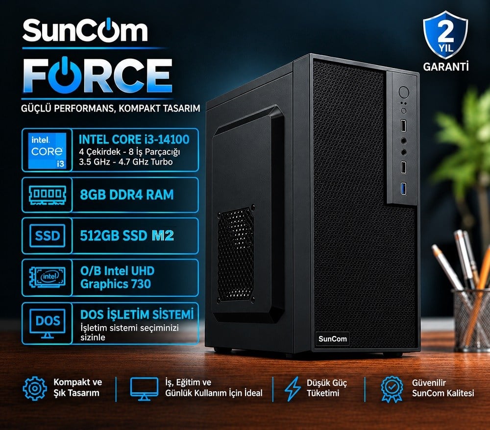 SUNCOM Force SC3-188 i3-14100 8GB 512GB SSD O/B DOS Masaüstü PC