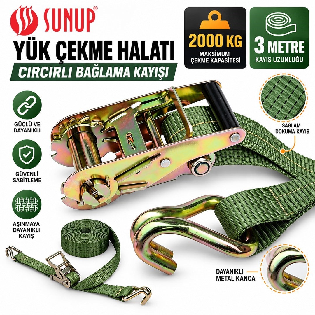 Sunup SN-37783 3 Metre Yük Çekme Halatı Cırcırlı Bağlama Kayışı Spanzet 2000KG