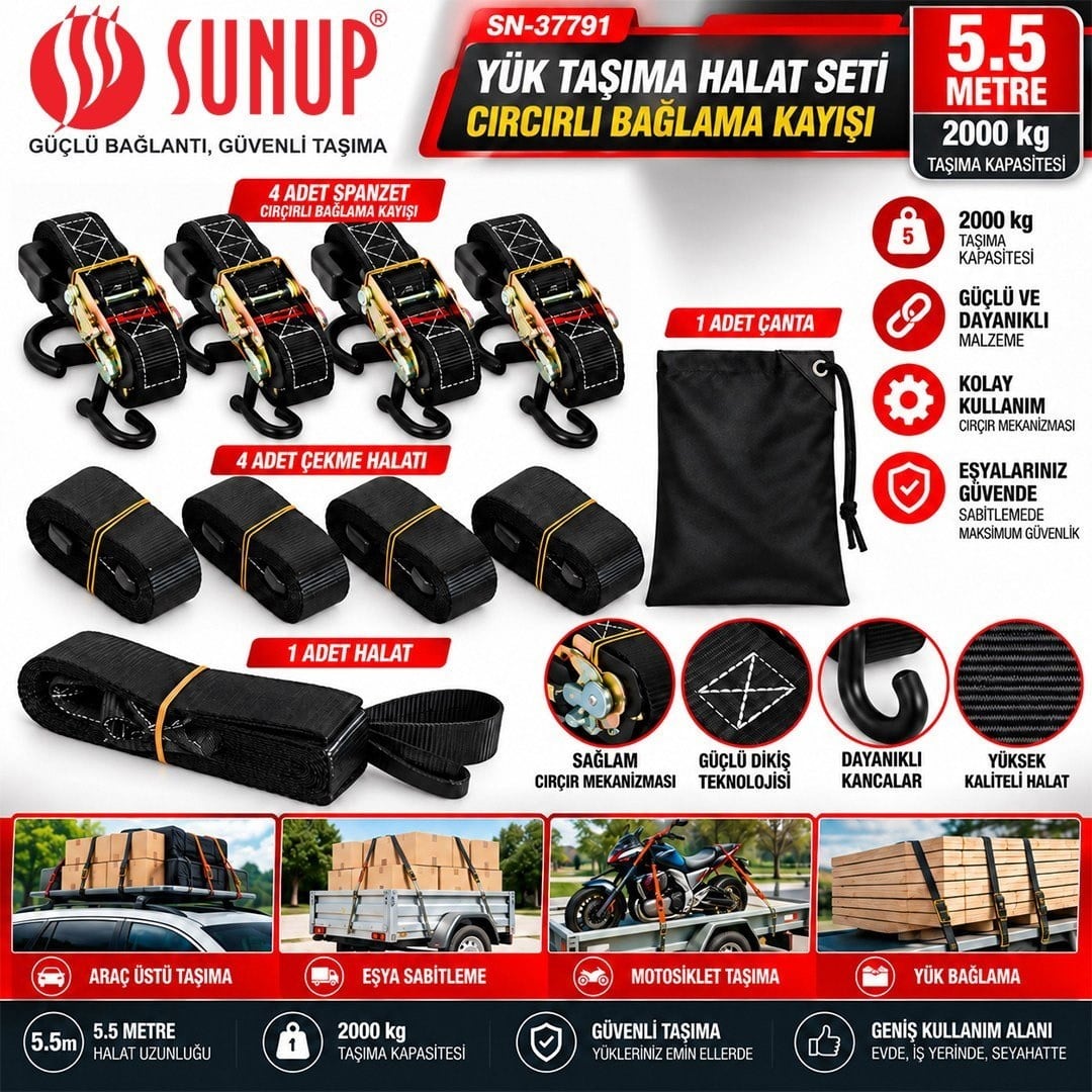 Sunup SN-37791 5,5 Metre Yük Taşıma Halat Seti Cırcırlı Bağlama Kayışı Spanzet 2000KG