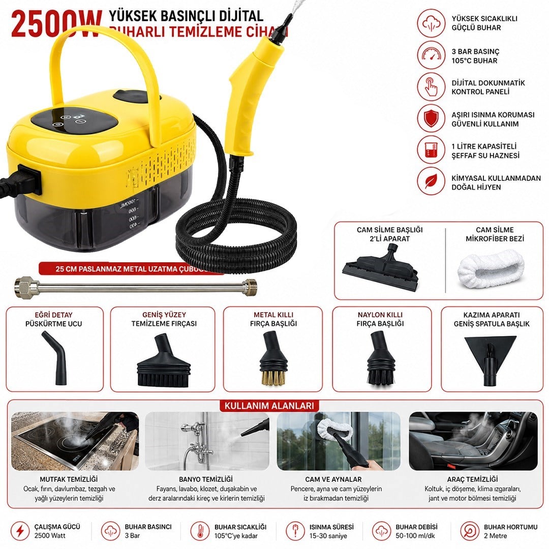 Sunup SN-37875 2500W Yüksek Basınçlı Ayarlanabilir Dijital Buharlı Temizleme Cihazı 1 Litre Su Hazneli