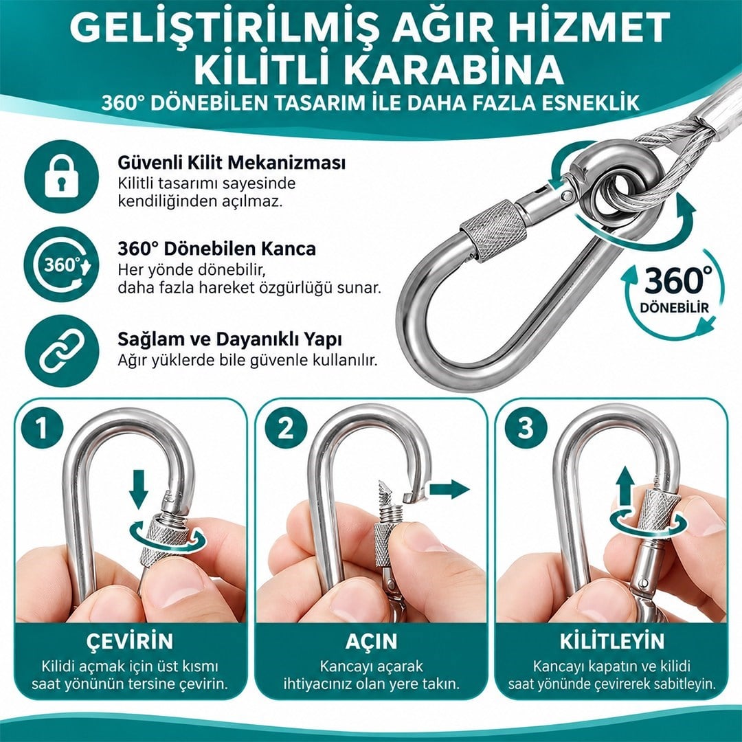 Sunup SN-38107 5 Metre Çelik Köpek Bağlama Halatı Kilitli Karabina PVC Kaplamalı