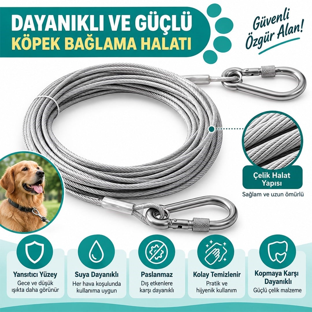 SUNUP SN-38108 10 Metre Çelik Köpek Bağlama Halatı Kilitli Karabina PVC Kaplamalı