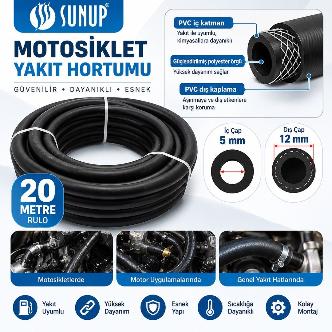 Sunup SN-38807 20 Metre 12mm Motosiklet Araç Yakıt Hortumu Rulo Esnek Güçlendirilmiş