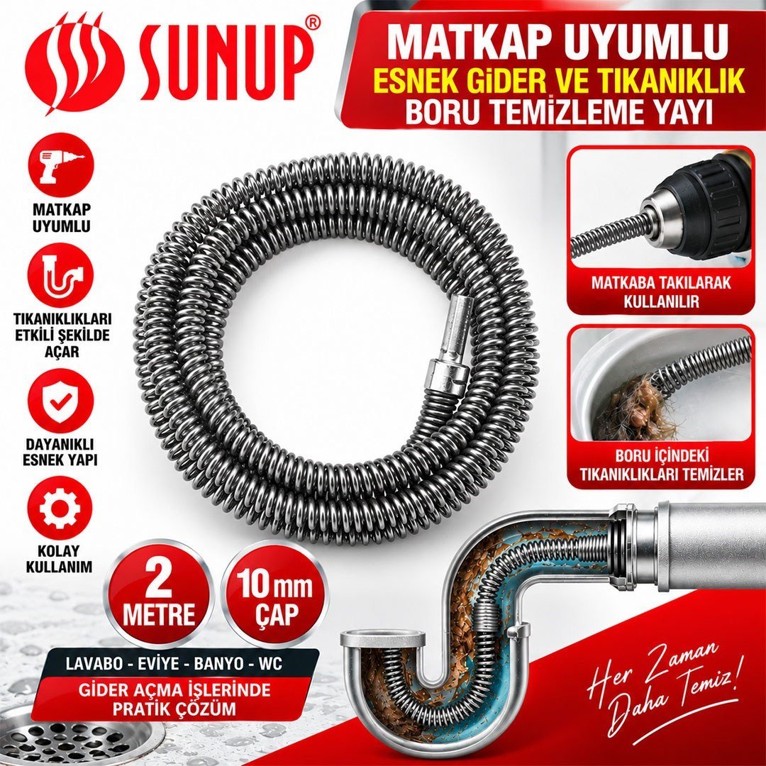 SUNUP SN-38808 2 METRE 10 MM MATKAP UYUMLU BORU TEMİZLEME YAYI