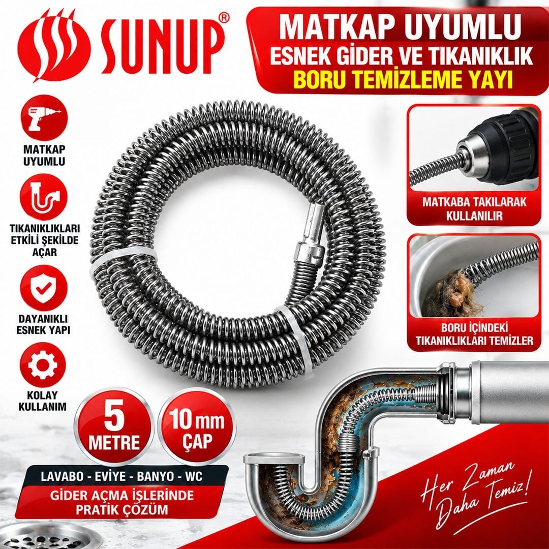SUNUP SN-38809 5 METRE 10 MM MATKAP UYUMLU BORU TEMİZLEME YAYI