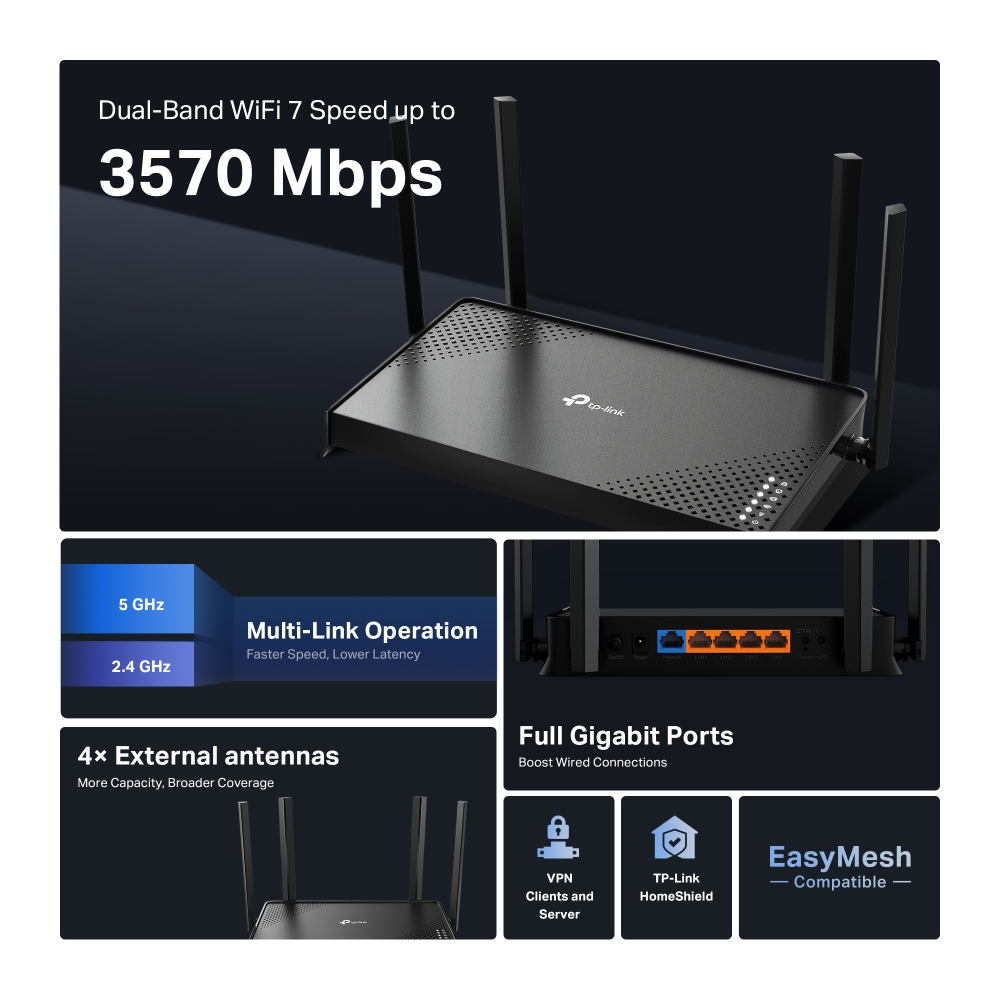 TP-LINK Archer BE220 Wıfı7 BE3600 Ev Ofis Tipi Router