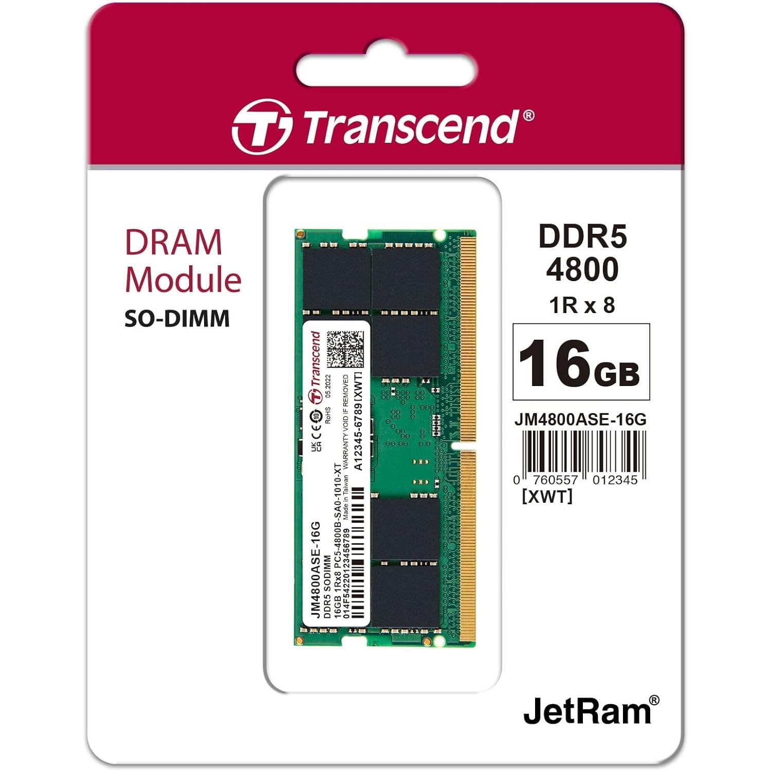 TRANSCEND 16GB DDR5 4800MHZ CL40 NOTEBOOK RAM VALUE JM4800ASE-16G