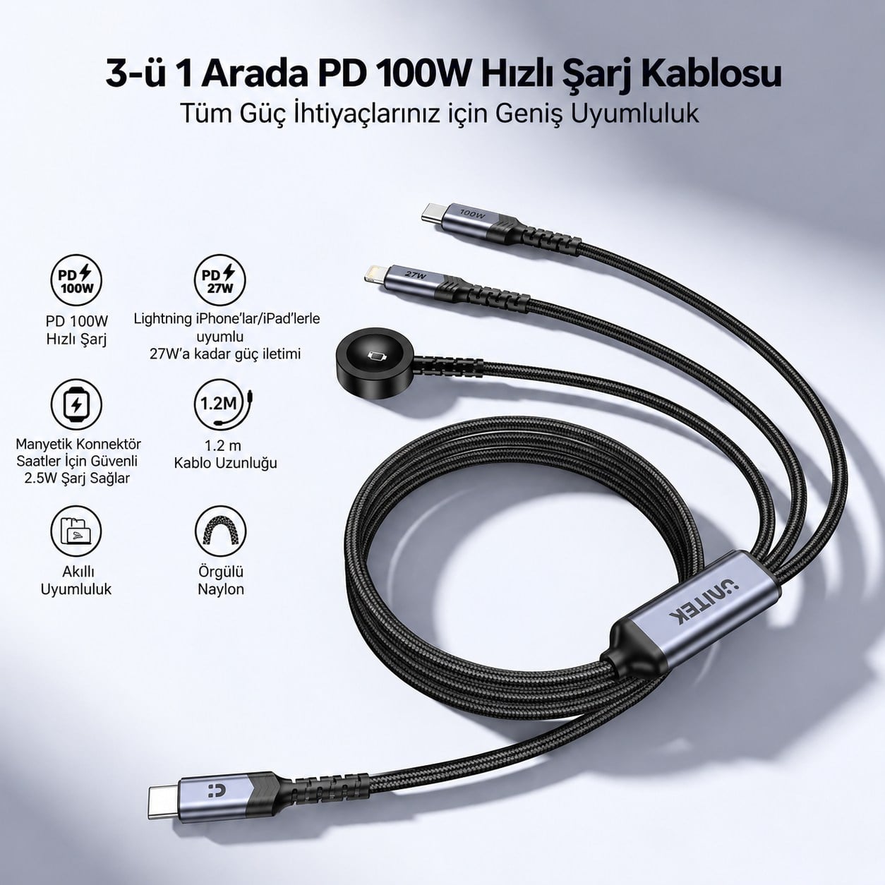 UNITEK USB-C 3' U 1 ARADA 100 W HIZLI SARJ KABLOSU 1.2M (C14180AGY01-1.2M)