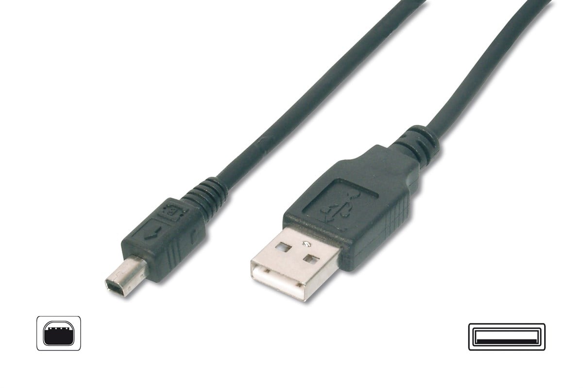 USB 2.0 Bağlantı Kablosu, USB A Erkek - USB mini B Erkek (4 pin), 1,80 metre, AWG 28, USB 2.0 uyumlu, UL, siyah renk