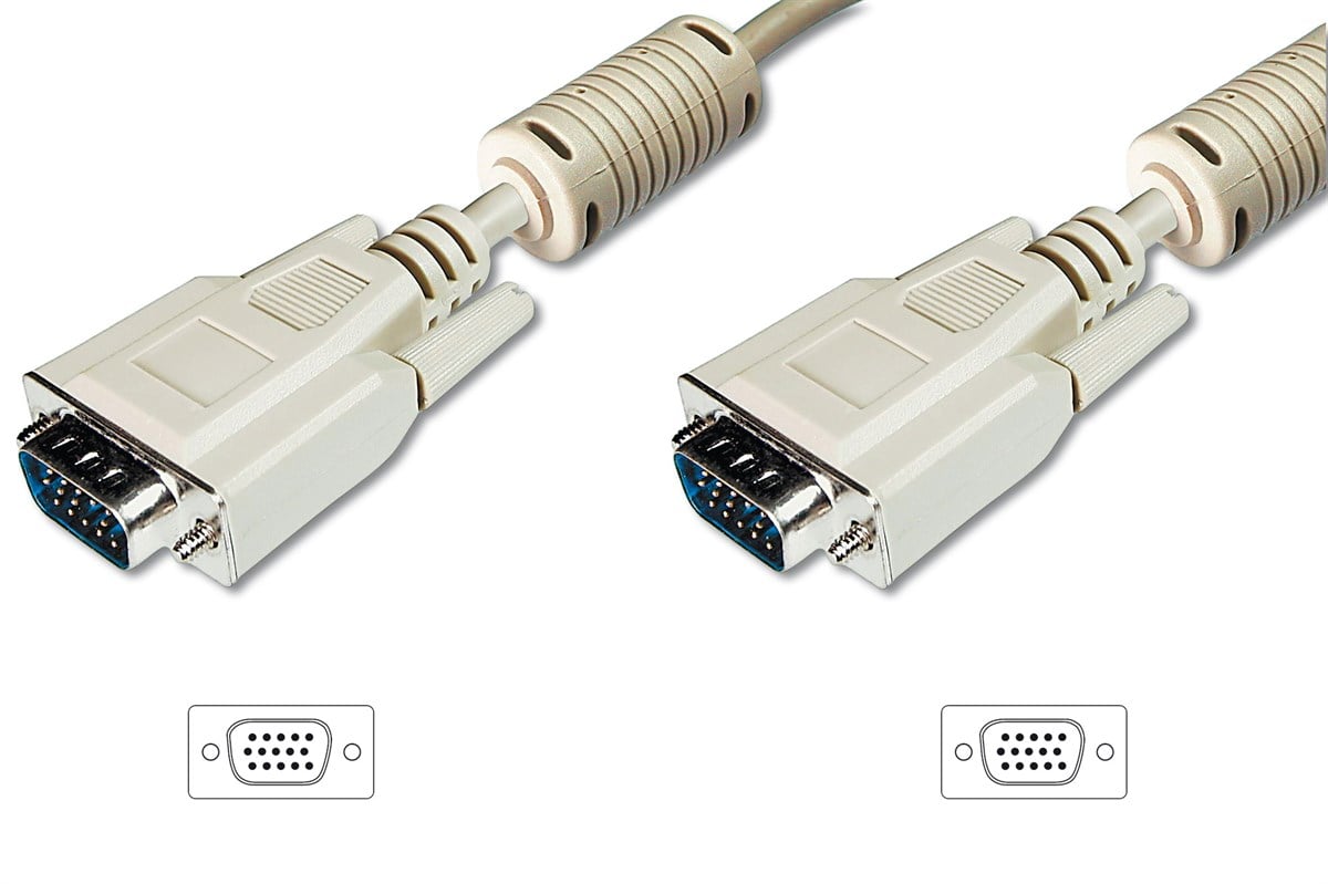 VGA Monitör Kablosu, DSUB 15 erkek <=> DSUB 15 erkek, 20 metre, CU, 3Coax/7C, AWG28, 2x ferrite filtreli, UL, bej renk