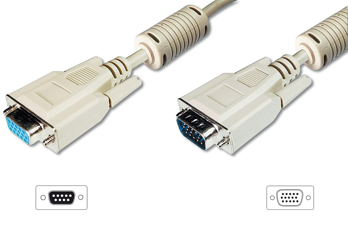 VGA Monitor Uzatma Kablosu, HD15 Erkek - HD15 Dişi, AWG 28, 10 metre, 3Coax/7C, 2xferrite, UL, bej renk 