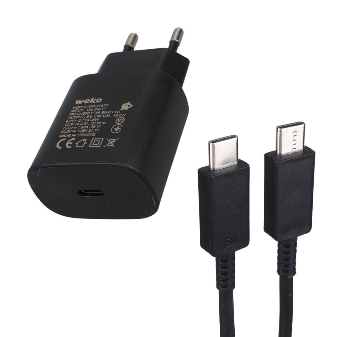 Weko WK-27877 Note10 Siyah 25 Watt Şarj Başlık Adaptörü + Type-C To Type-C Kablo