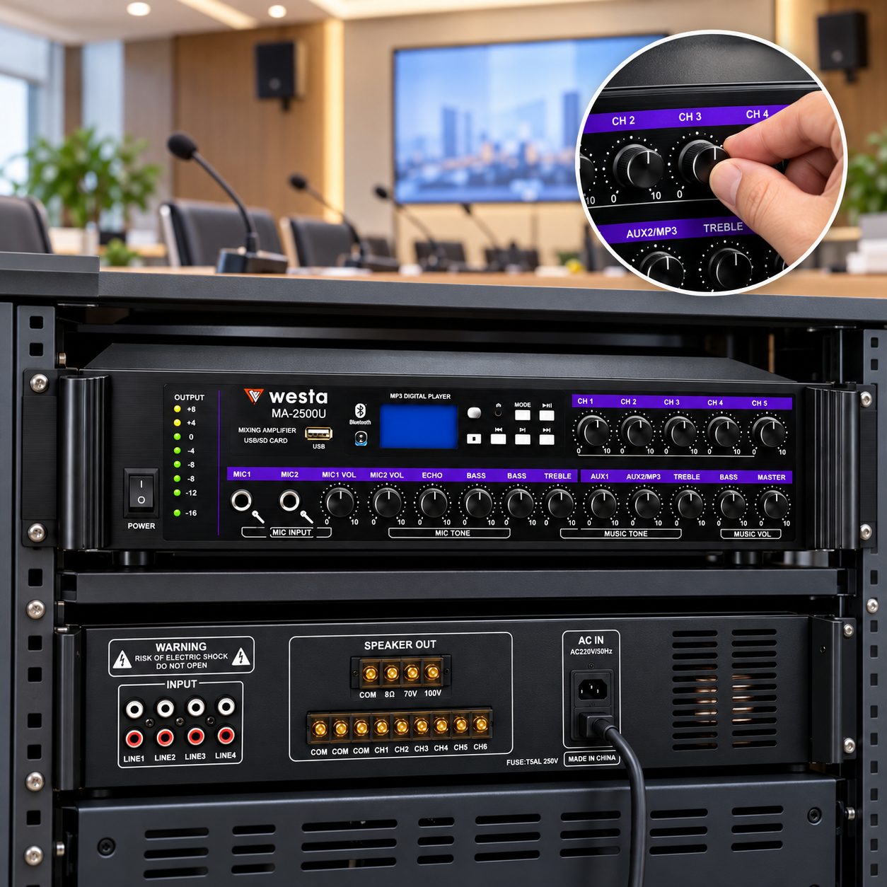 Westa WM-2500U 500 Watt 100V-70V-8 Ohm USB-SD-BT 6 Bölgeli Trafolu Mixer Amfi