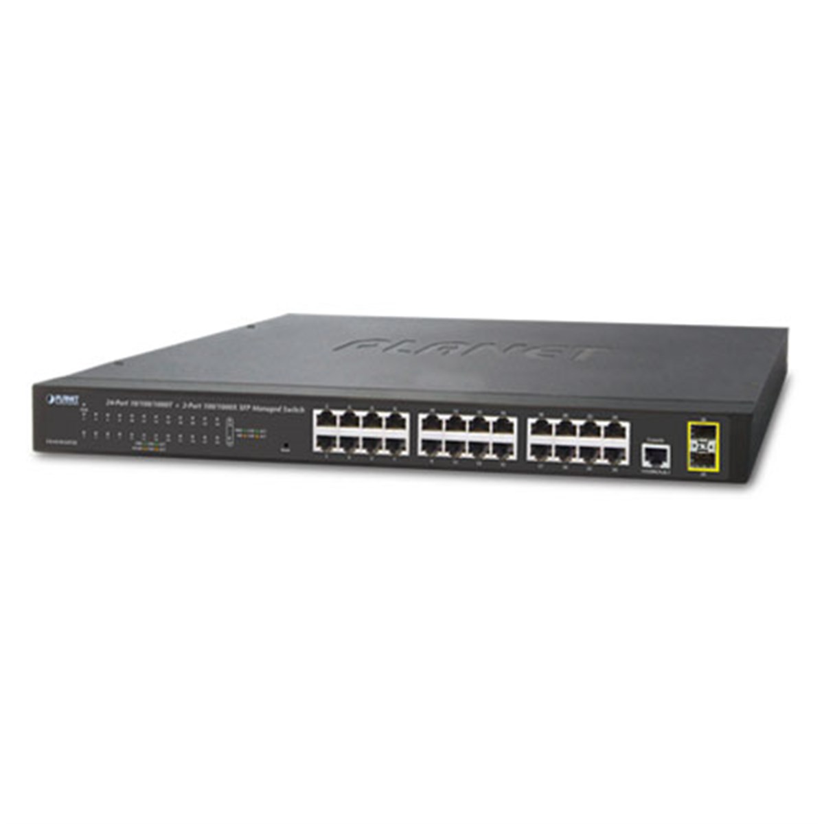 Yönetilebilir Gigabit Switch (Managed Gigabit Switch)<br>
24-port 10/100/1000Base-T<br>
2 x 100/1000BASE-X mini-GBIC/SFP yuva<br>
1 x Konsol port<br>
Reset düğmesi (sistem fabrika ayarlarına dönmek için)