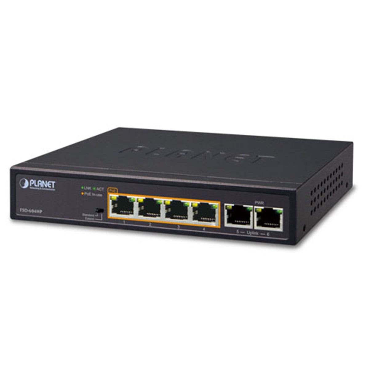Yönetilemeyen Masaüstü Tip Switch (Unmanaged Desktop Switch)<br> 
4-Port 10/100TX IEEE 802.3at/af PoE+ Injector (Port başına 30.8 watt) (PoE Güç Bütçesi maks. 60 Watt)<br>
 2-Port 10/100TX 