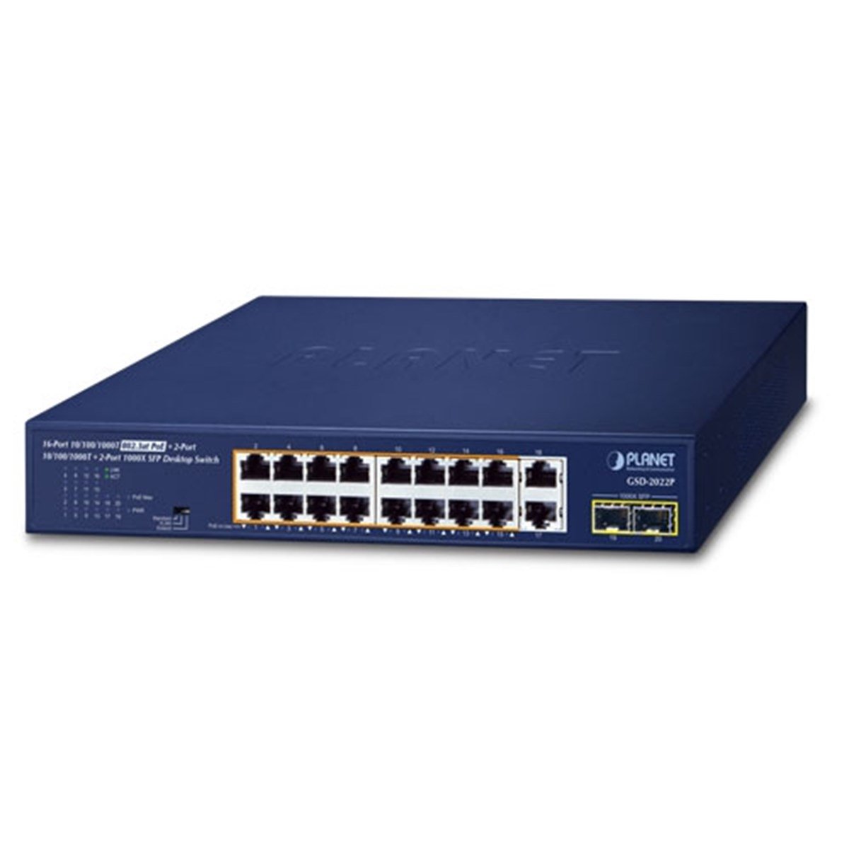 Yönetilemeyen Masaüstü Tip Switch (Unmanaged Desktop Switch)<br>
16-Port 10/100/1000T 802.3at/af PoE+  (Port başına 30.8 watt) (Port-1 ile Port-16 arası) (PoE Güç Bütçesi maks. 185 Watt)<br>
2-Port 10/100/1000T<br>
2-Port 1000X SFP  