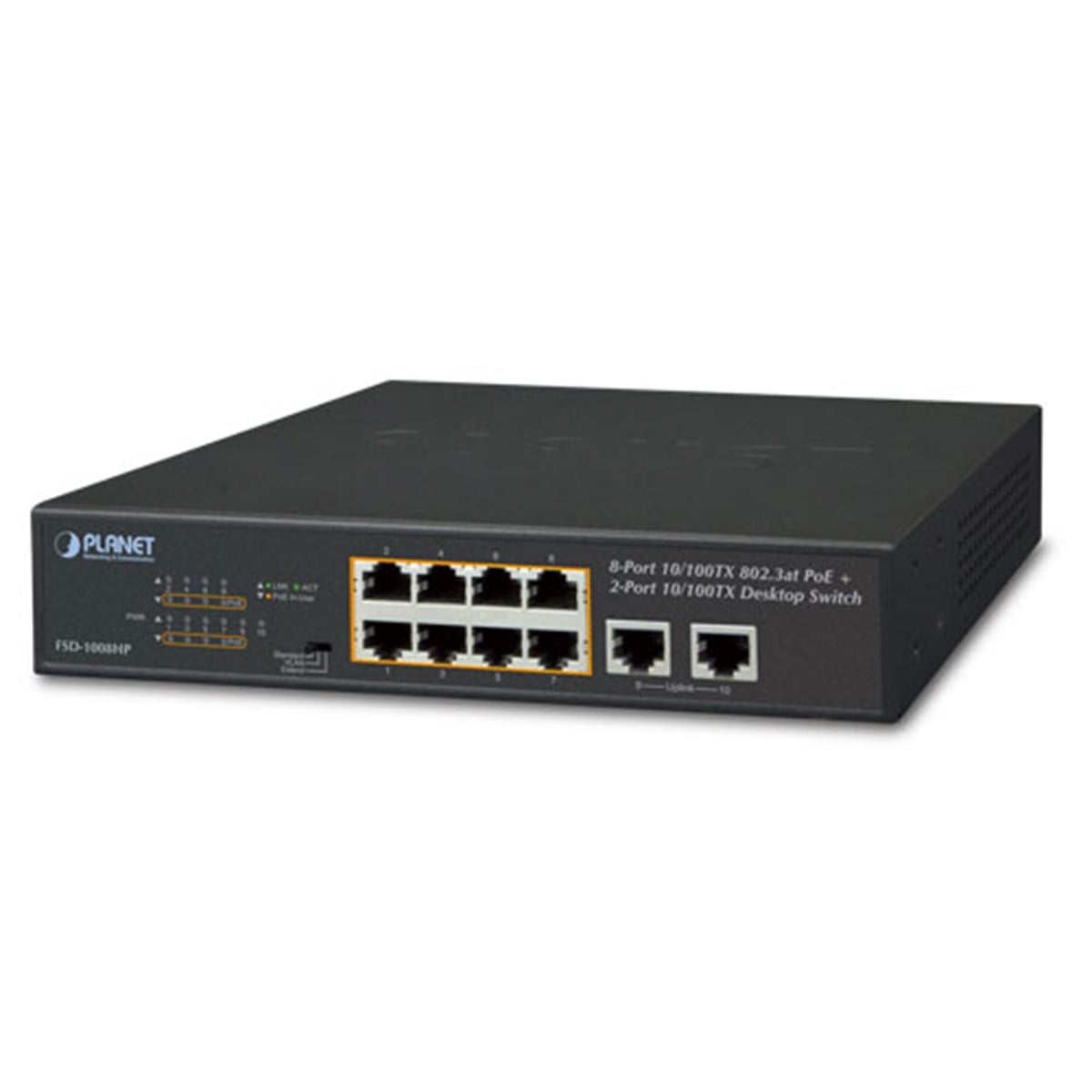 Yönetilemeyen Masaüstü Tip Switch (Unmanaged Desktop Switch)<br> 
8-Port 10/100TX IEEE 802.3at/af PoE+ Injector (Port başına 30.8 watt) (Port-1 ile Port-8 arası)
(PoE Güç Bütçesi maks. 120 Watt)<br>
2-Port 10/100TX