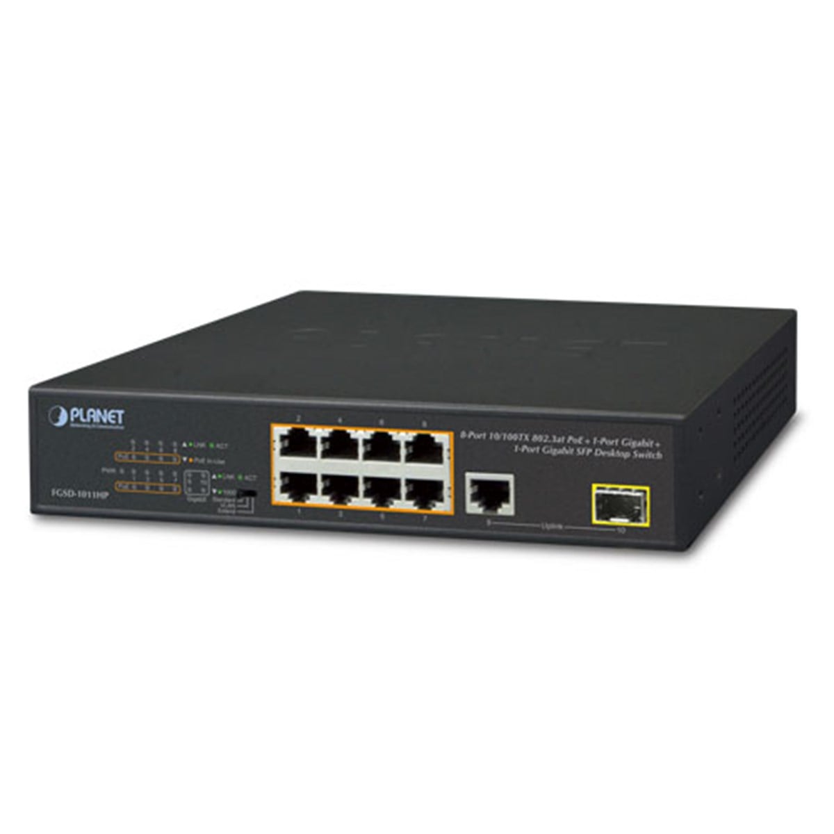 Yönetilemeyen Masaüstü Tip Switch (Unmanaged Desktop Switch)<br>
8-Port 10/100TX IEEE 802.3at/af PoE+ Injector Port (Port başına 30.8 watt) (PoE Güç Bütçesi maks. 120 Watt)<br>
1-Port 10/100/1000T<br>
1-Port 100/1000X SFP yuva
