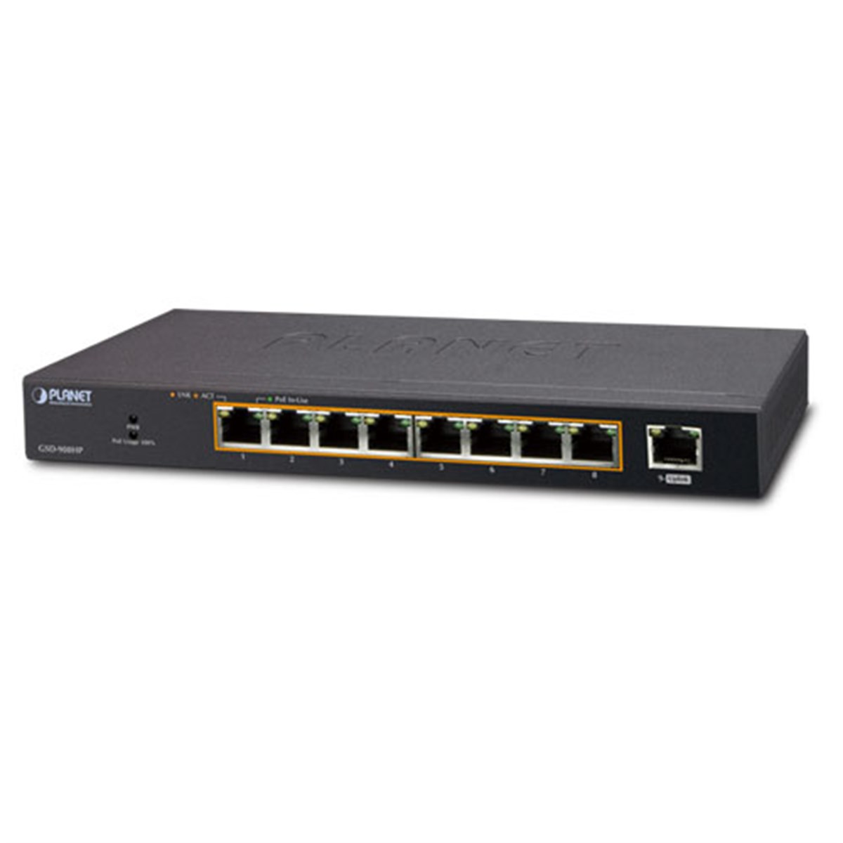 Yönetilemeyen Masaüstü Tip Switch (Unmanaged Desktop Switch)<br>
8-Port 10/100/1000T 802.3at/af PoE+ Injector (Port başına 30.8 watt) (PoE Güç Bütçesi maks. 100 watt)<br>
1-Port 10/100/1000T