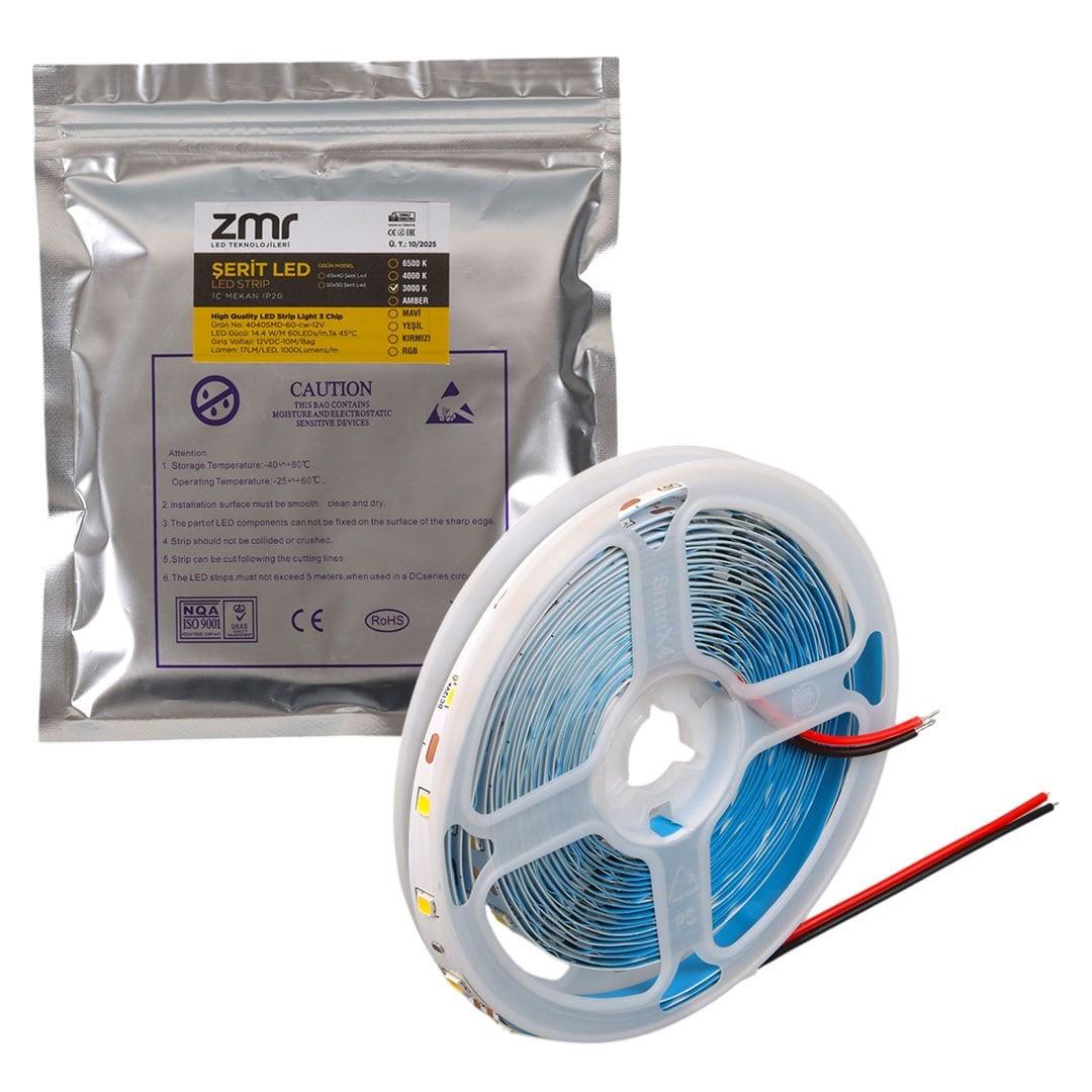 ZMR ZMR-601 3000K 12 Volt Tek Çipli 2835 İç Mekan Silikonsuz 60 Led 5 Metre Şerit LED