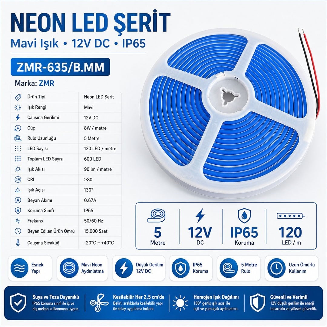 ZMR ZMR-635/B.MM Neon LED Şerit Mavi 12 Volt 120 LED'li 5 Metre