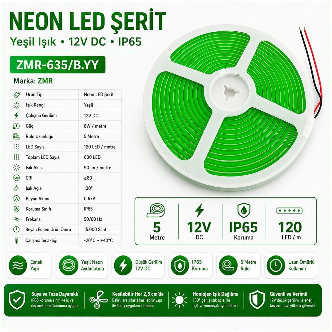 ZMR ZMR-635/B.YY Neon LED Şerit Yeşil 12 Volt 120 LED'li 5 Metre
