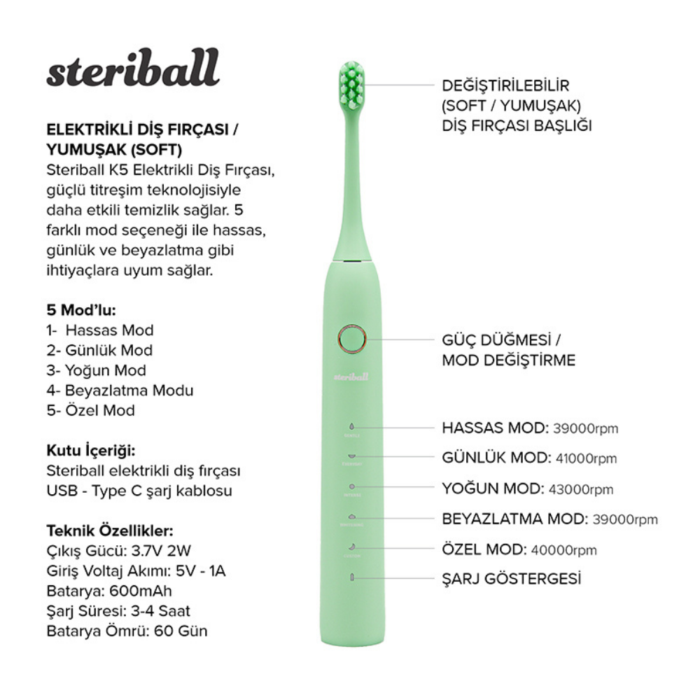 SteriballElektrikli Diş Fırçası - Yeşil - 5 Farklı Mod