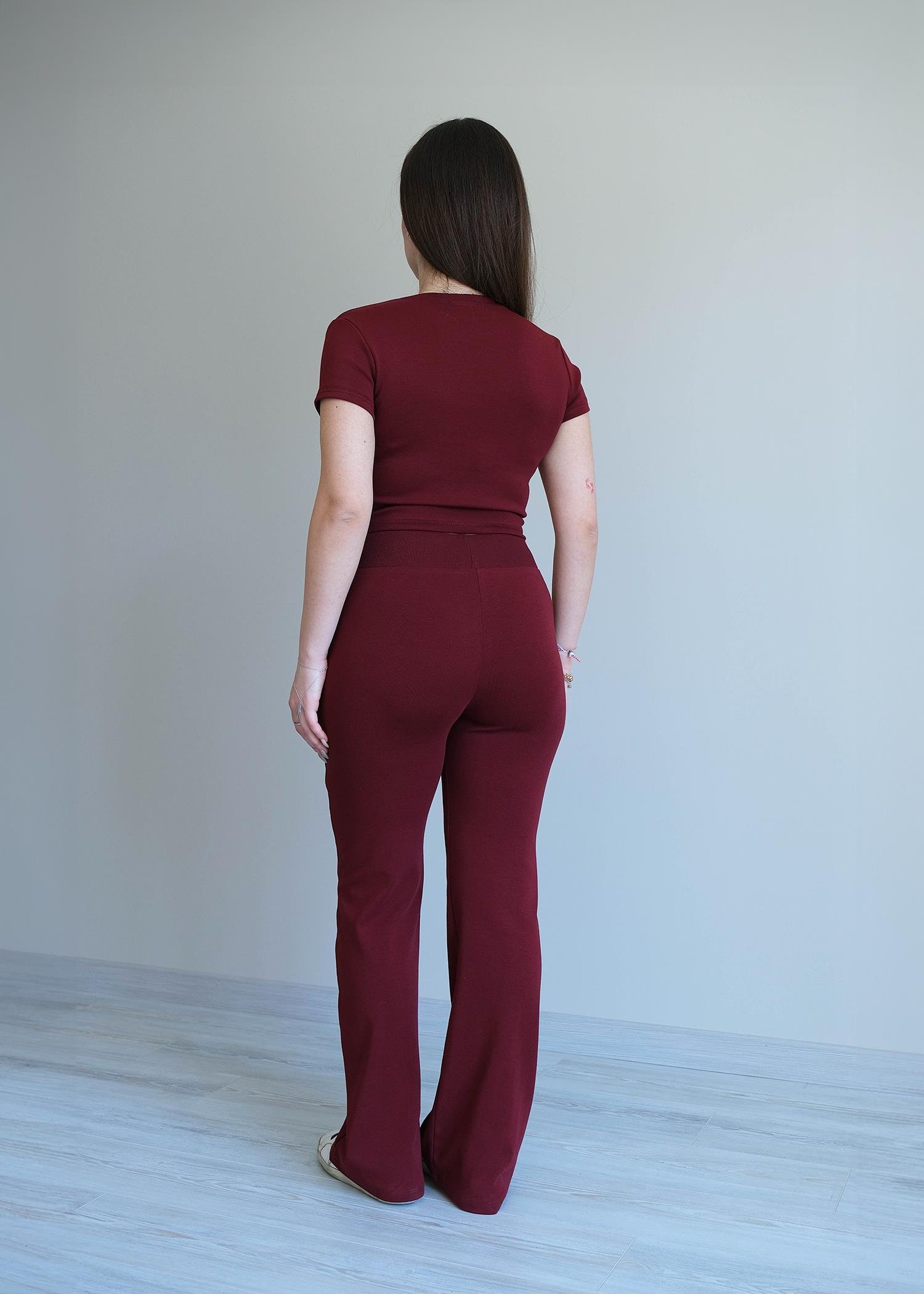 Kısa Kol Bershka Crop Takım Bordo