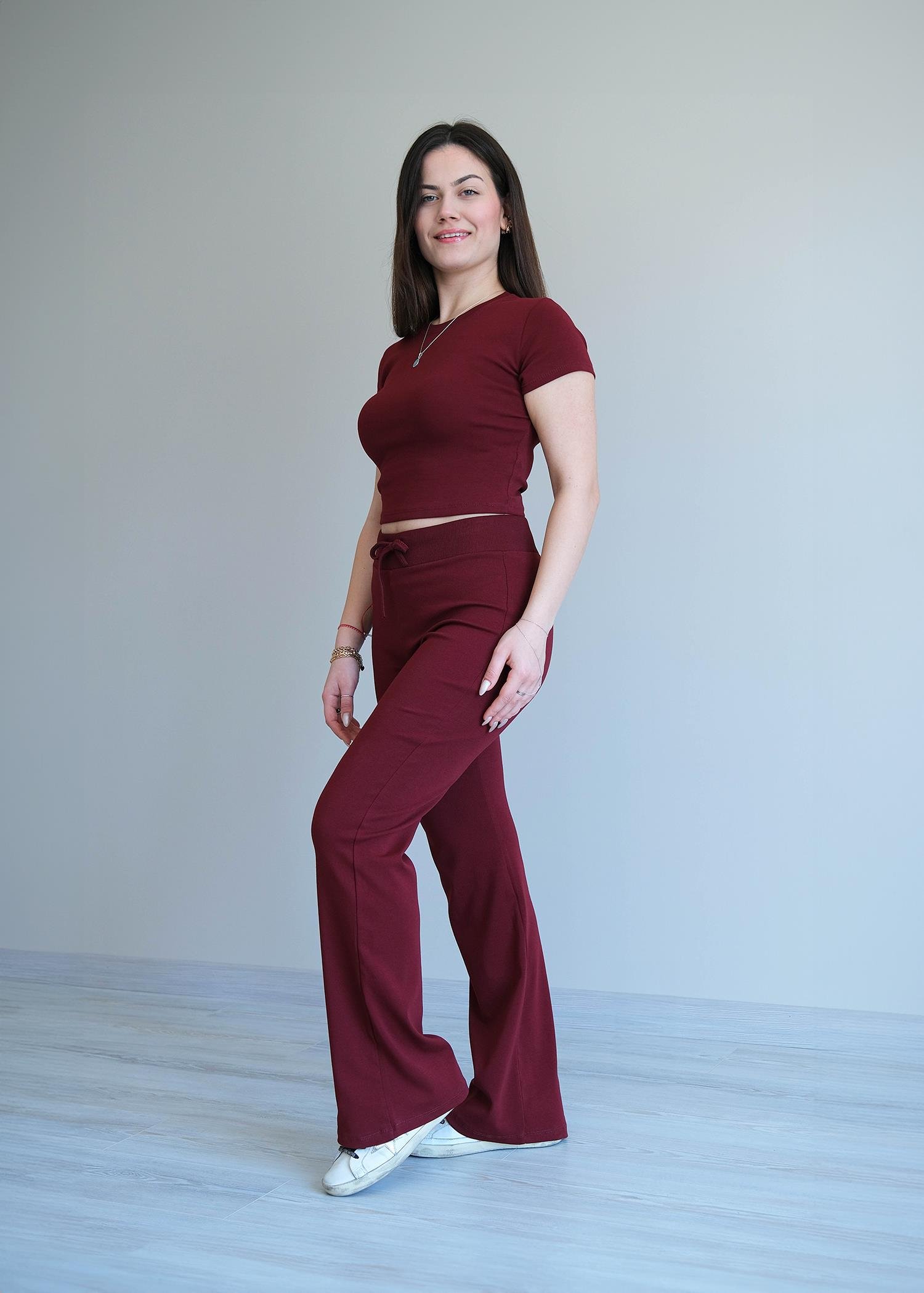 Kısa Kol Bershka Crop Takım Bordo