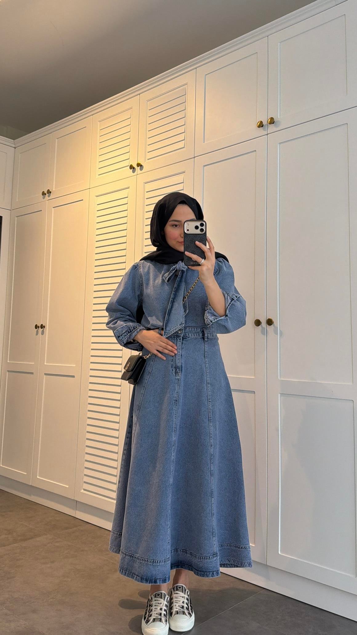 Bağlama Detaylı Denim Etek Takım Kar Yıkama