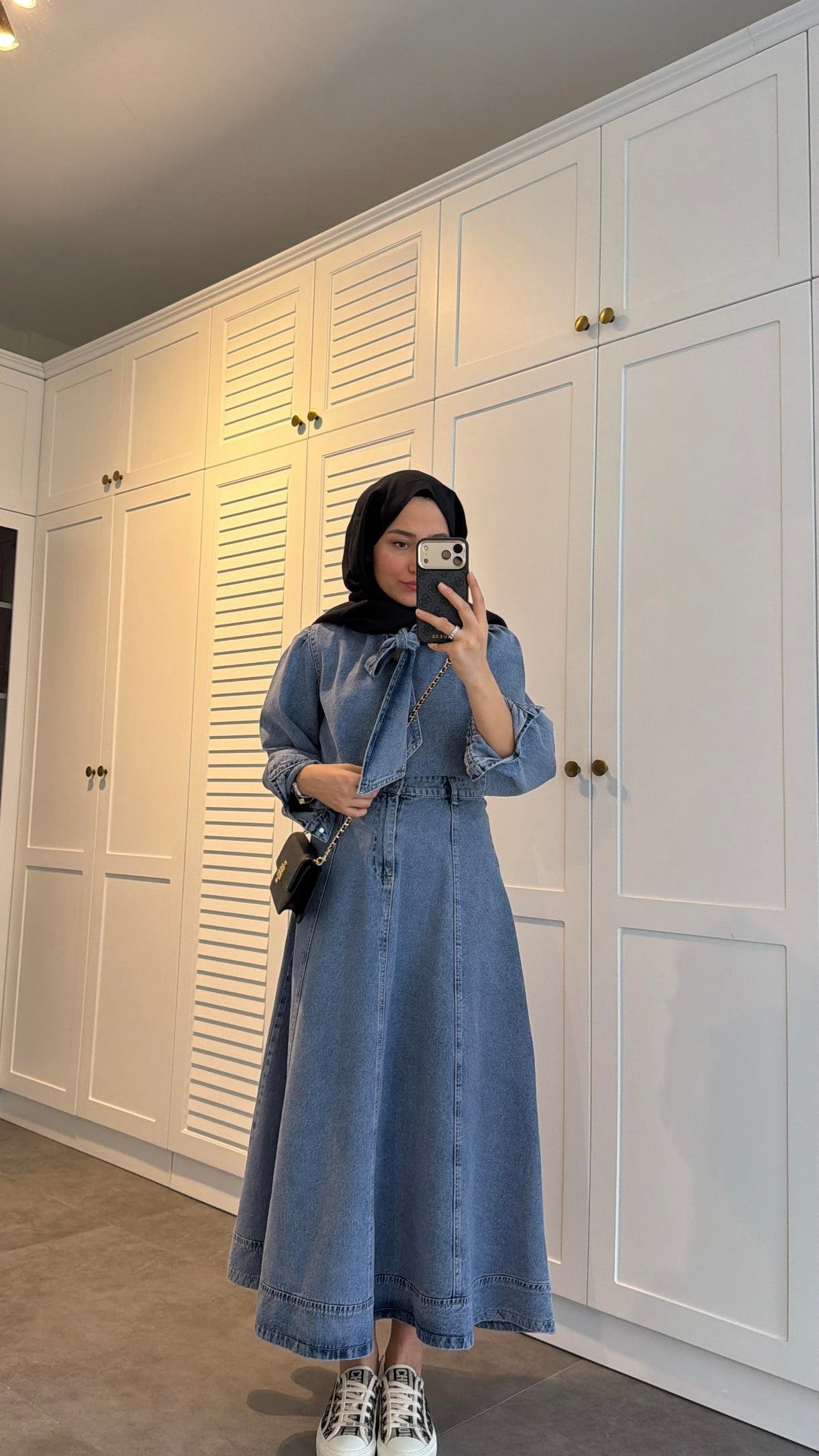 Bağlama Detaylı Denim Etek Takım Kar Yıkama